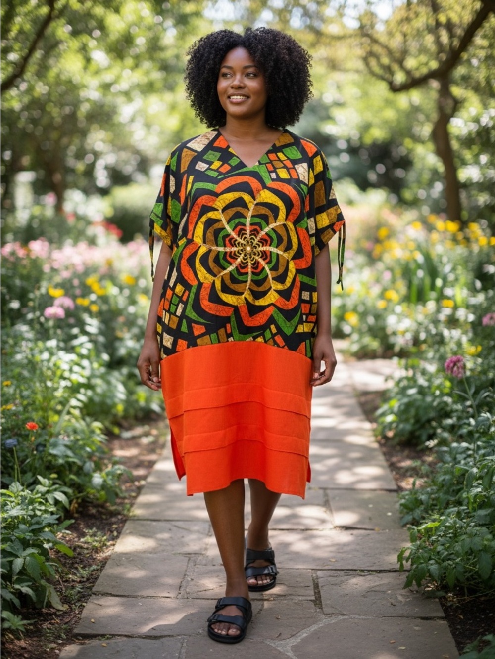 African Vibrant Floral Mosaic Orange & Black Midi Dress